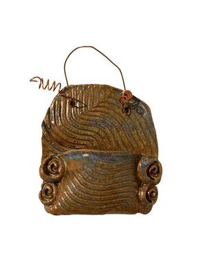 Studio Art Pottery Blue And Brown Wall Pocket With Copper Hanger Signed JMS